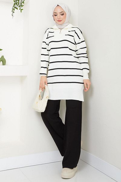 hafsamina Black Knitwear Striped Tunic and Trousers Set - Hm2586
