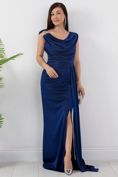 PULLIMM Omuz Aksesuarlı Simli Degaje Yaka Elbise 39878