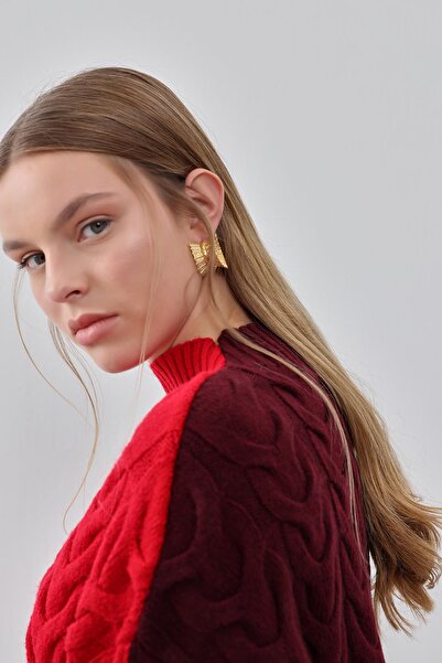 pieces of melon Kırmızı-Bordo Saç Örgülü Dik Yakalı Çift Taraflı Giyilebilir Kazak