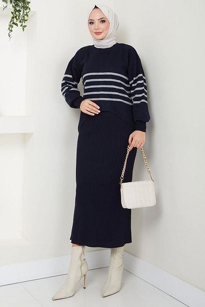 hafsamina Navy Blue Striped Knitwear Sweater and Gilet Set - Hm2596