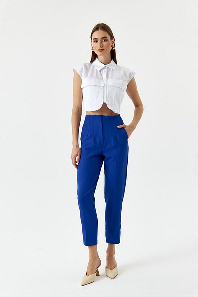 Tuba Butik High Waist Flat Saks Blue Women's Trousers