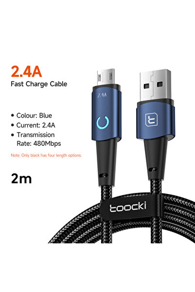 Toocki كابل مايكرو يو إس بي أزرق بطول 2 متر لهاتف S10، شحن سريع 2.4 أمبير، كا...