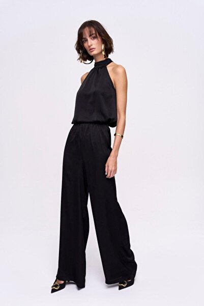 Tuba Butik Halter Neck Blouse Trousers Black Women's Set