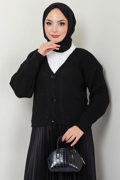 hafsamina Μαύρη κοντή πλεκτή ζακέτα - με τρία κουμπιά HM2588