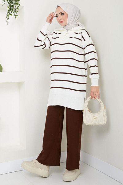 hafsamina Brown Striped Knitwear Tunic and Trousers Set - Hm2586