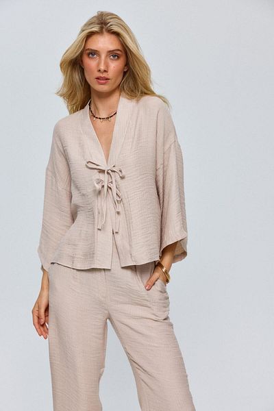 Tuba Butik Tie-Up Blouse Trousers Beige Women's Set