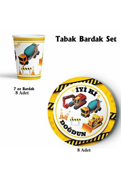 Patladı Gitti İnşaat Temalı Doğum Günü Konsepti Tabak Bardak Set 8'li