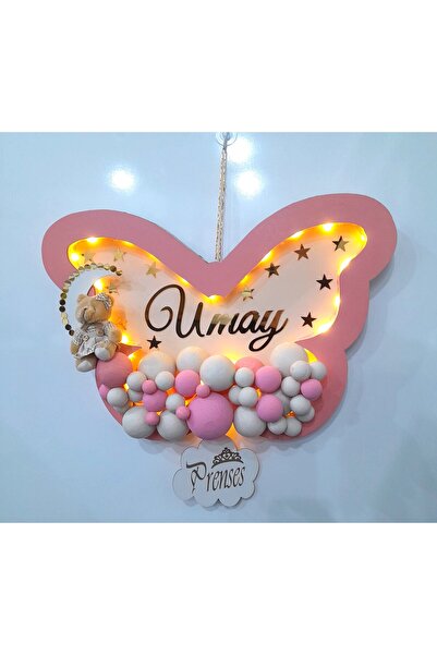 MİSHE TASARIM Mishe Tasarım Ahşap Yenidoğan Led Işıklı Bubble Kelebek Kapı Süsü