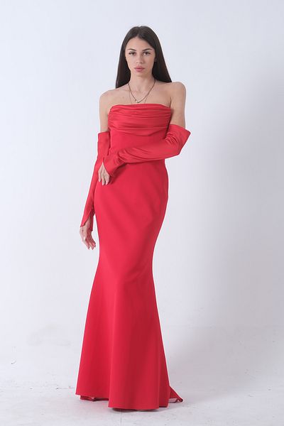 Feminist Red Long Draped Evening Dress - Button Detailed 9705361