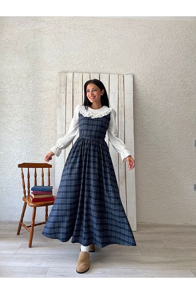 KÜÇÜĞÜM BUTİK Long Navy Plaid Flared Gilet Collar White Blouse Set (Gilet-Bluz)