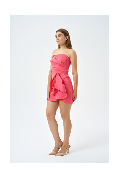 Favori Tekstil Strapless Rose Detailed Skuba Mini Evening Dress