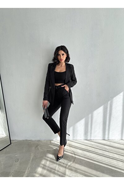 diaves Siyah Çizgi Desenli Blazer Ceket Boru Paça Pantolon Pamuklu Dokuma KumaşTakım Elbise