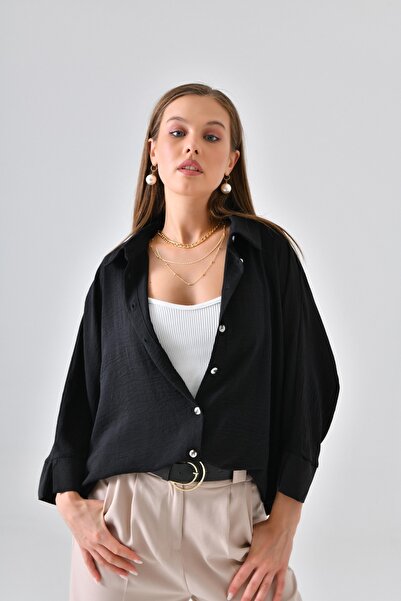 Saade Black Oversize Slit Pleat Detailed Three-Quarter Sleeve Shirt