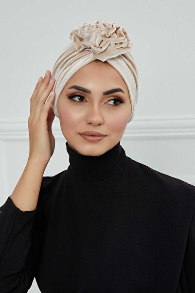 Aisha's Design Βελούδινο καπέλο με τριαντάφυλλα, B-21KD, Μπεζ