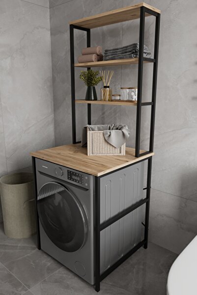 Remaks Iboda  Çamaşır Makinası Dolabı Çamaşır Makinası Üstü 3 Raflı Düzenleyici Metal Banyo Dolabı Meşe