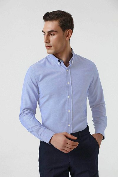 D'S Damat Kék Slim Fit pamut ing - Dobby gallér, gombos