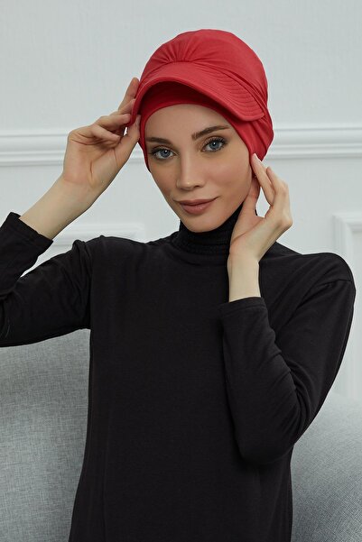 Aisha's Design Combed Cotton Bonnet with Visor Detail, B-66, Red