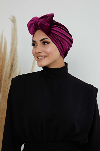 Ayşe Tasarım Velvet Bonnet with Bow, B-27K, Purple