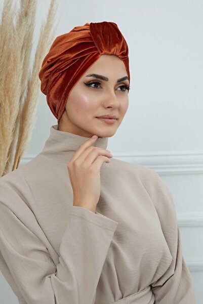 Aisha's Design Velvet Bonnet with Front Belt Detail, B-68K, Tile