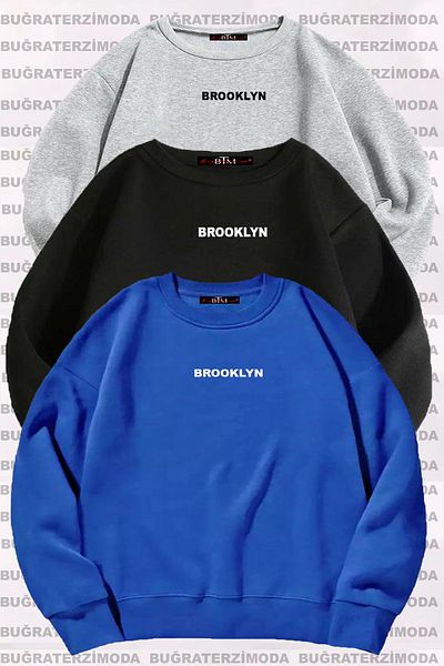 Buğraterzimoda Brooklyn Printed 3-Piece Unisex Oversize Sweatshirt - Saks Blue, Black, Gray, Crew Neck