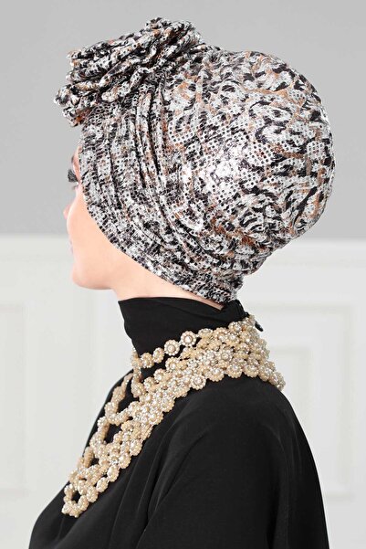 Aisha's Design Güllü Payetli Bone,B-21K,Gri Kahve Pullu