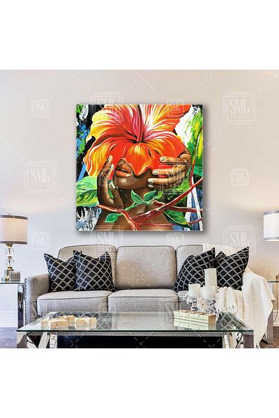 SML TABLO Model care ține o floare tropicală portocalie pe capul pătrat de pictură pe pânză