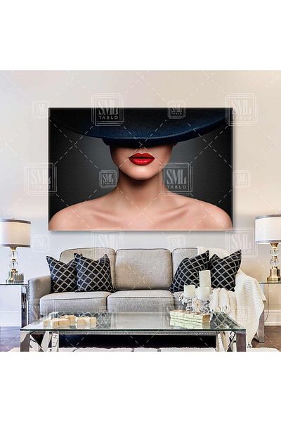 SML TABLO Model Charismatic cu pălărie Fedora neagră și ruj roșu Pictură pe pânză orizontală