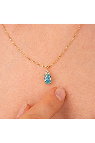 FasekGold Altın Kolye - Blue Topaz Oval Taşlı 14 Ayar Altın Kolye