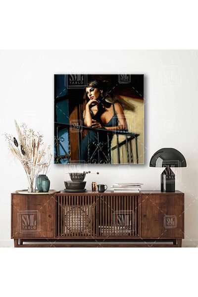 SML TABLO Model elegant într-o rochie în picioare pe balcon, pictură pătrată pe pânză cu efect de vopsea în ulei