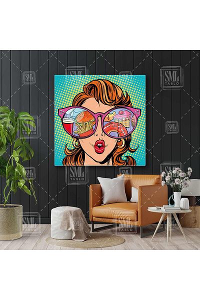 SML TABLO Μοντέλο Pop Art Τετράγωνος Πίνακας Καμβάς που αντανακλάται σε ροζ γυαλιά χάμπουργκερ ντόνατ