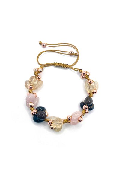 OSMANLI DEĞERLİ TAŞ (Love Courage Abundance Bracelet) Pink Quartz-Tiger Eye-Citrine-Hematite Ladder Closing String Bracelet