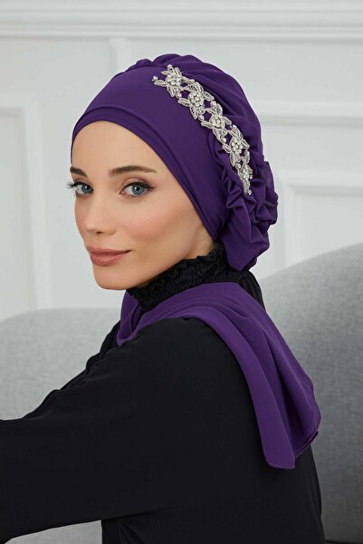 Aisha's Design Έτοιμο τουρμπάνι από σιφόν με πέτρινα αξεσουάρ στο πλάι, HT-100, HT-100, Μωβ