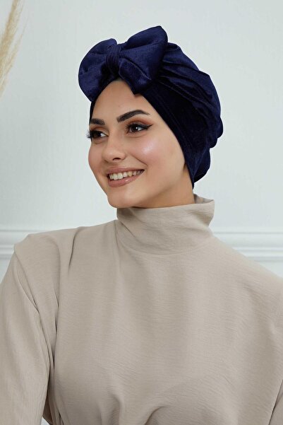 Ayşe Tasarım Velvet Bonnet with Bow, B-27K, Navy Blue