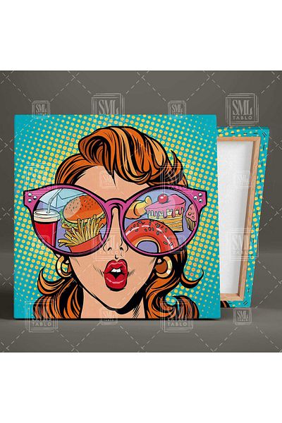 SML TABLO Μοντέλο Pop Art Τετράγωνος Πίνακας Καμβάς που αντανακλάται σε ροζ γυαλιά χάμπουργκερ ντόνατ
