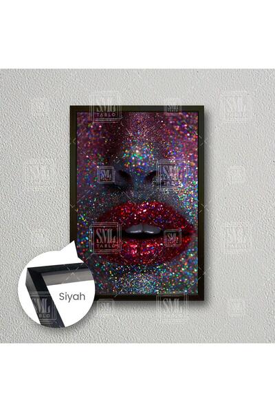 SML TABLO Kırmızı Rujlu Dudak Yüzü Simli Kadın Öpücük Makyaj Dekor Çerçeveli Dikey Kanvas Tablo