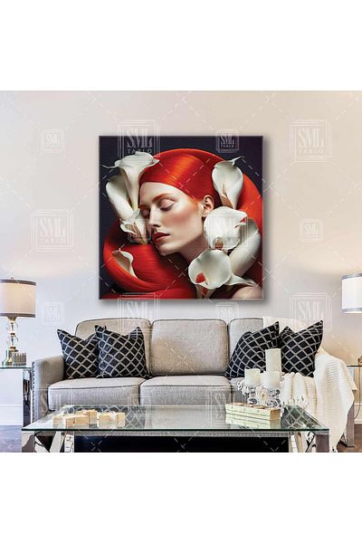 SML TABLO Model cu păr portocaliu cu flori de gala albe în părul lui Model Coiffeur Square Canvas Painting