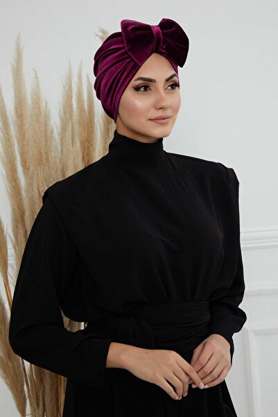Ayşe Tasarım Velvet Bonnet with Bow, B-27K, Purple