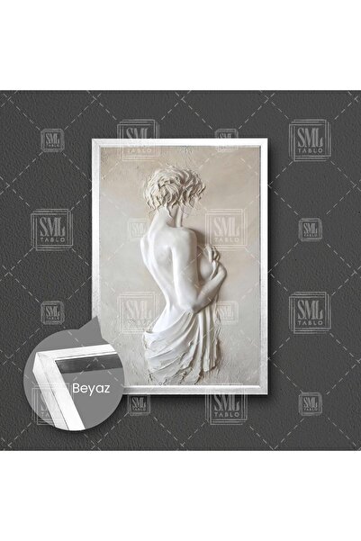 SML TABLO Sırtı Dönük Mermer Alçı Nü Kadın Modern Sanat Çerçeveli Dikey Kanva...