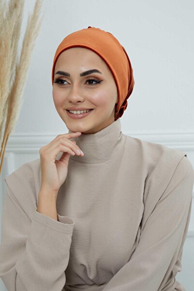 Aisha's Design Кадифена шапка с розов детайл, B-53K, теракота