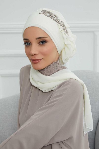Aisha's Design عمامة شيفون جاهزة - كشكشة جانبية وإكسسوارات حجرية، HT-100، HT-100