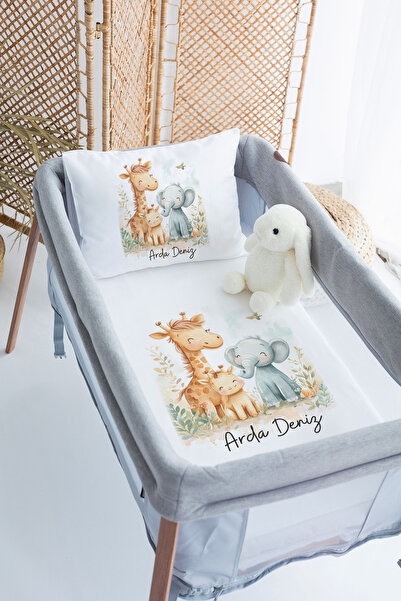 Lilabio %100 Pamuk Saten İsme Özel İsimli 70x120 Park Yatak Nevresim Seti Fil...