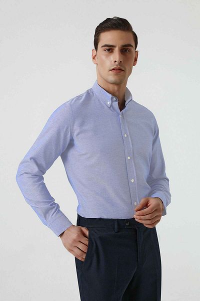 D'S Damat Kék Slim Fit pamut ing - Dobby gallér, gombos