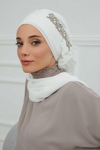 Aisha's Design عمامة شيفون جاهزة - كشكشة جانبية وإكسسوارات حجرية، HT-100، HT-100