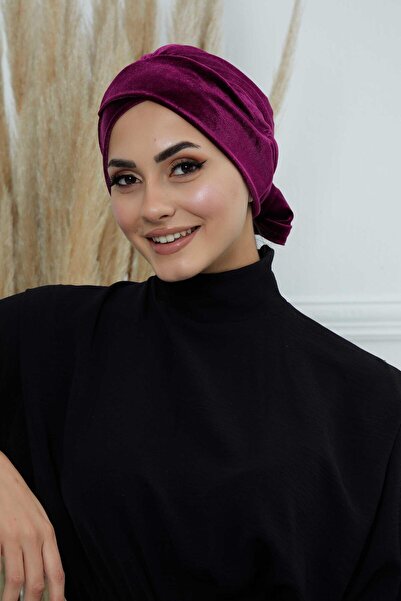 Aisha's Design Velvet Bonnet with Belt, B-31K, Purple
