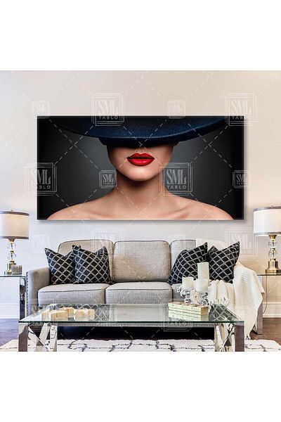 SML TABLO Model Charismatic cu pălărie Fedora neagră și ruj roșu Pictură pe pânză orizontală