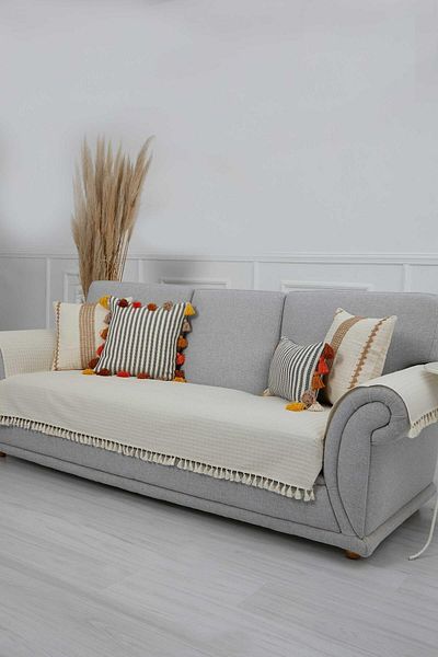 Aisha's Design طقم أريكة مكون من 3 قطع من الكتان - غطاء ومسند للذراعين، KTK-1