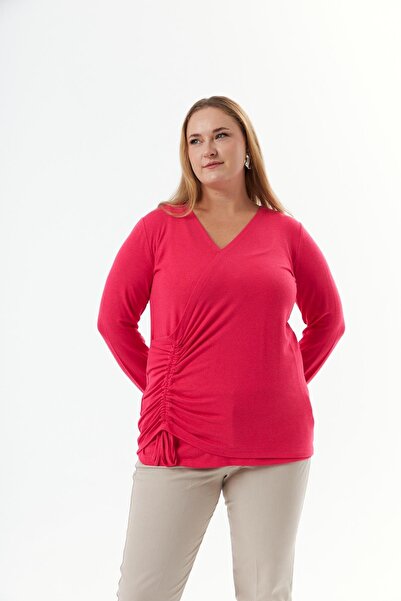 RMG Fuchsia V-Neck Plus Size Knitwear Blouse