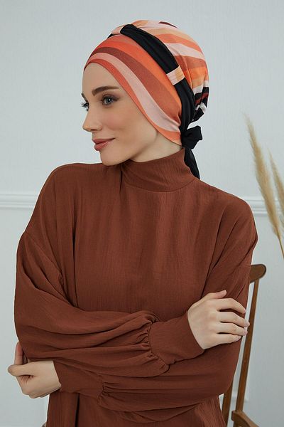 Aisha's Design Patterned Chiffon Belted Combed Cotton Bonnet - B-24Yd