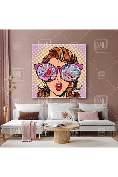 SML TABLO Μοντέλο Pop Art Τετράγωνος ζωγραφικής σε καμβά που αντανακλάται στα παπούτσια στα ροζ γυαλιά