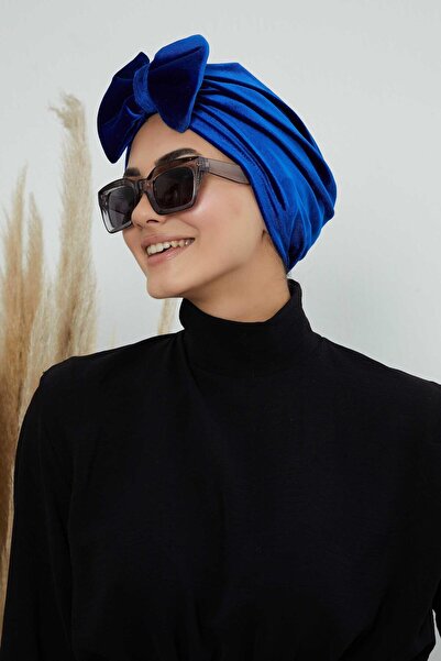 Ayşe Tasarım Velvet Bonnet with Bow, B-27K, Saks